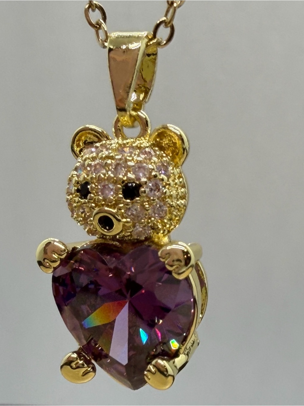 Gold-Tone Teddy Pendant Necklace with Purple Heart Crystal